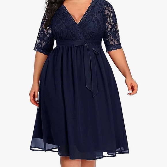 Lace Chiffon Wrap V Neck Dresse - Picture 3 of 4